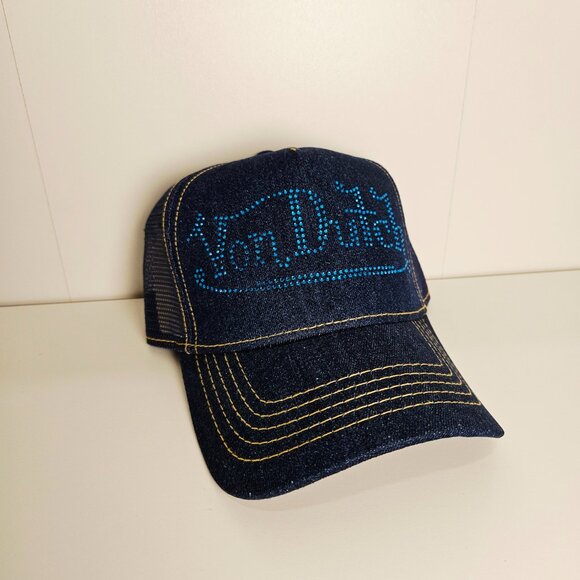 Von Dutch Blue Denim Studded Rhinestone Snapback Trucker Cap